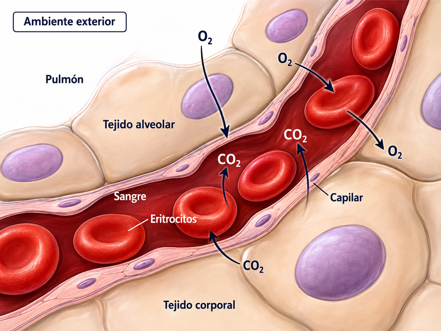 Ilustración de eritrocitos realizando intercambio de oxígeno y dióxido de carbono en un capilar pulmonar